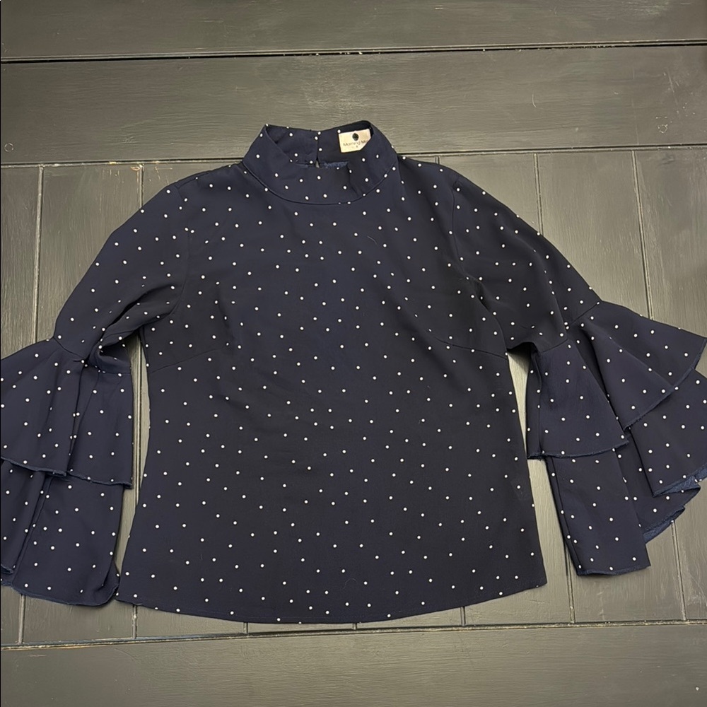 Blue and White Ruffled Mandarin Collar Blouse